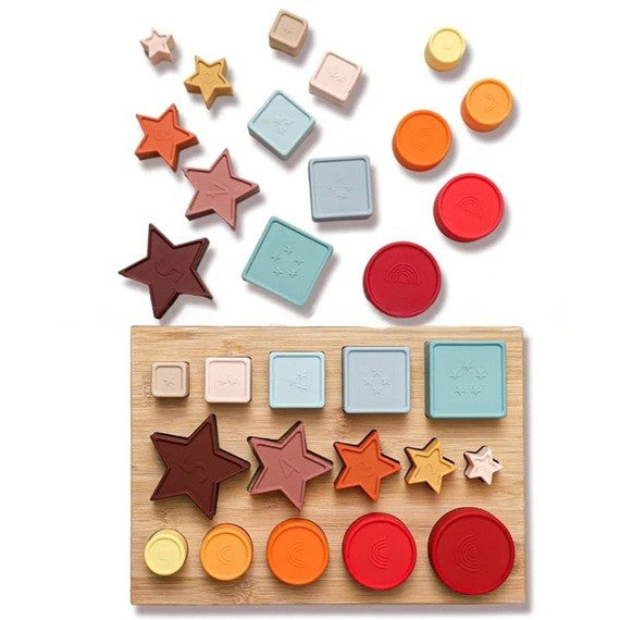 Jucarie Educativa, Flippy, +12 Luni, Tip Montessori, din Lemn si Silicon, Forme Geometrice Stivuibile, 15 Piese, 27 x