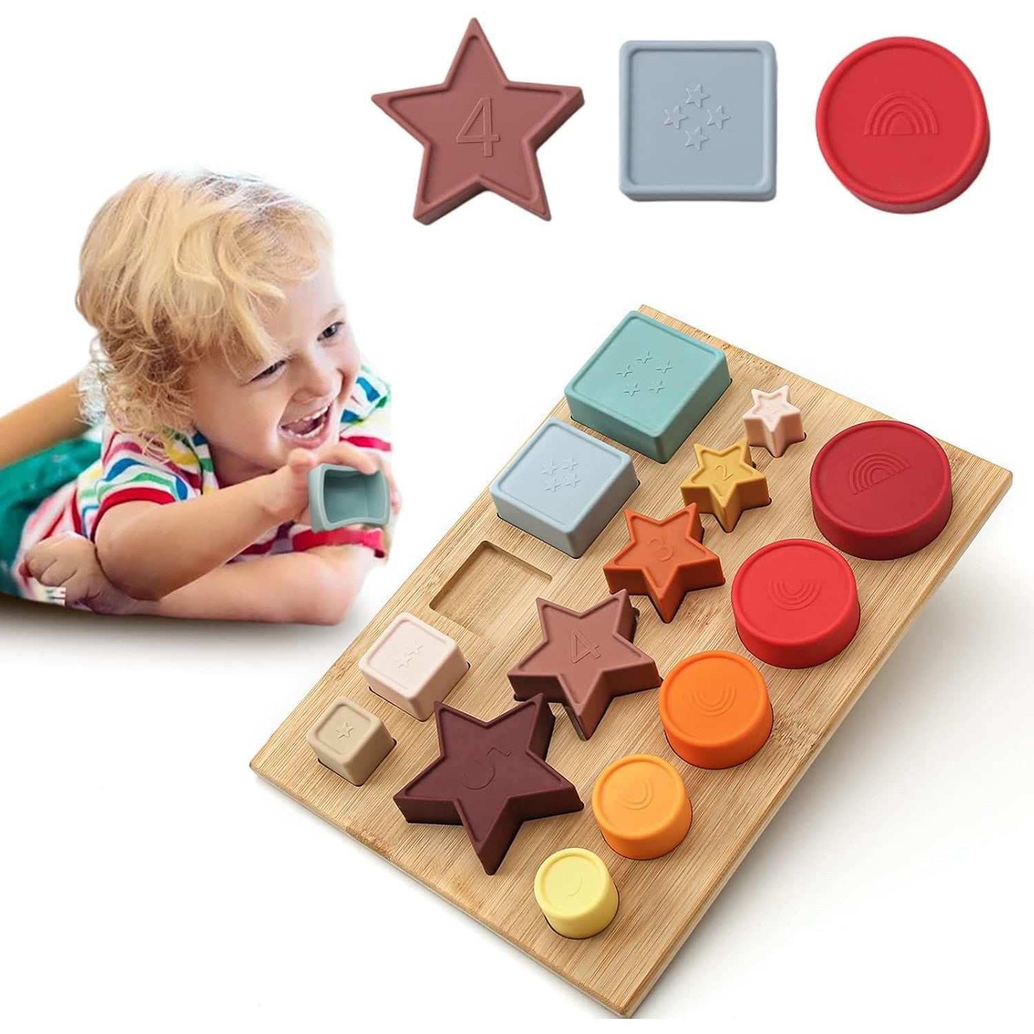 Jucarie Educativa, Flippy, +12 Luni, Tip Montessori, din Lemn si Silicon, Forme Geometrice Stivuibile, 15 Piese, 27 x