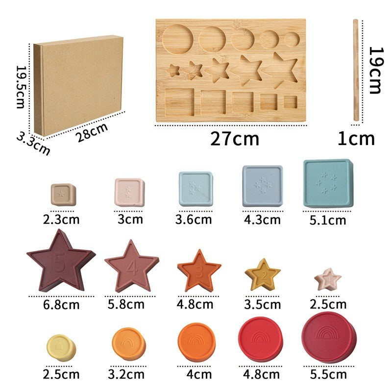 Jucarie Educativa, Flippy, +12 Luni, Tip Montessori, din Lemn si Silicon, Forme Geometrice Stivuibile, 15 Piese, 27 x