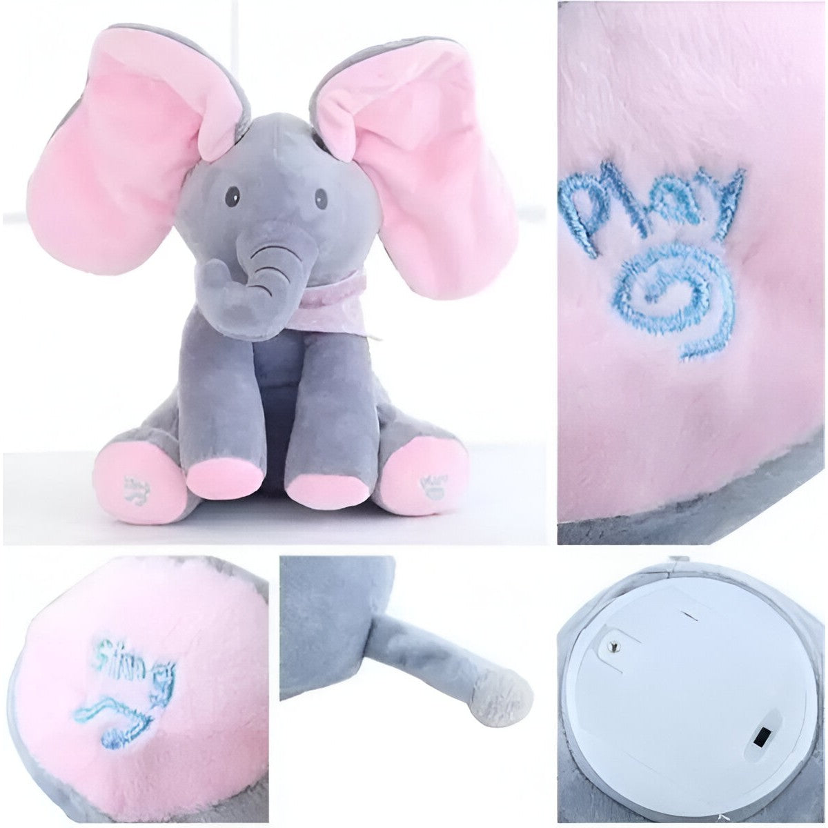 Jucarie Interactiva pentru Copii, Flippy, Elefantel Peek-a-boo, Muzica, Misca Urechile, Alimentare cu Baterii, 30 cm,
