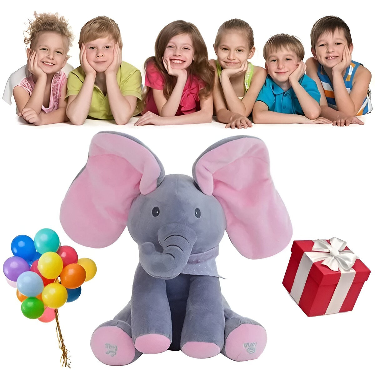 Jucarie Interactiva pentru Copii, Flippy, Elefantel Peek-a-boo, Muzica, Misca Urechile, Alimentare cu Baterii, 30 cm,