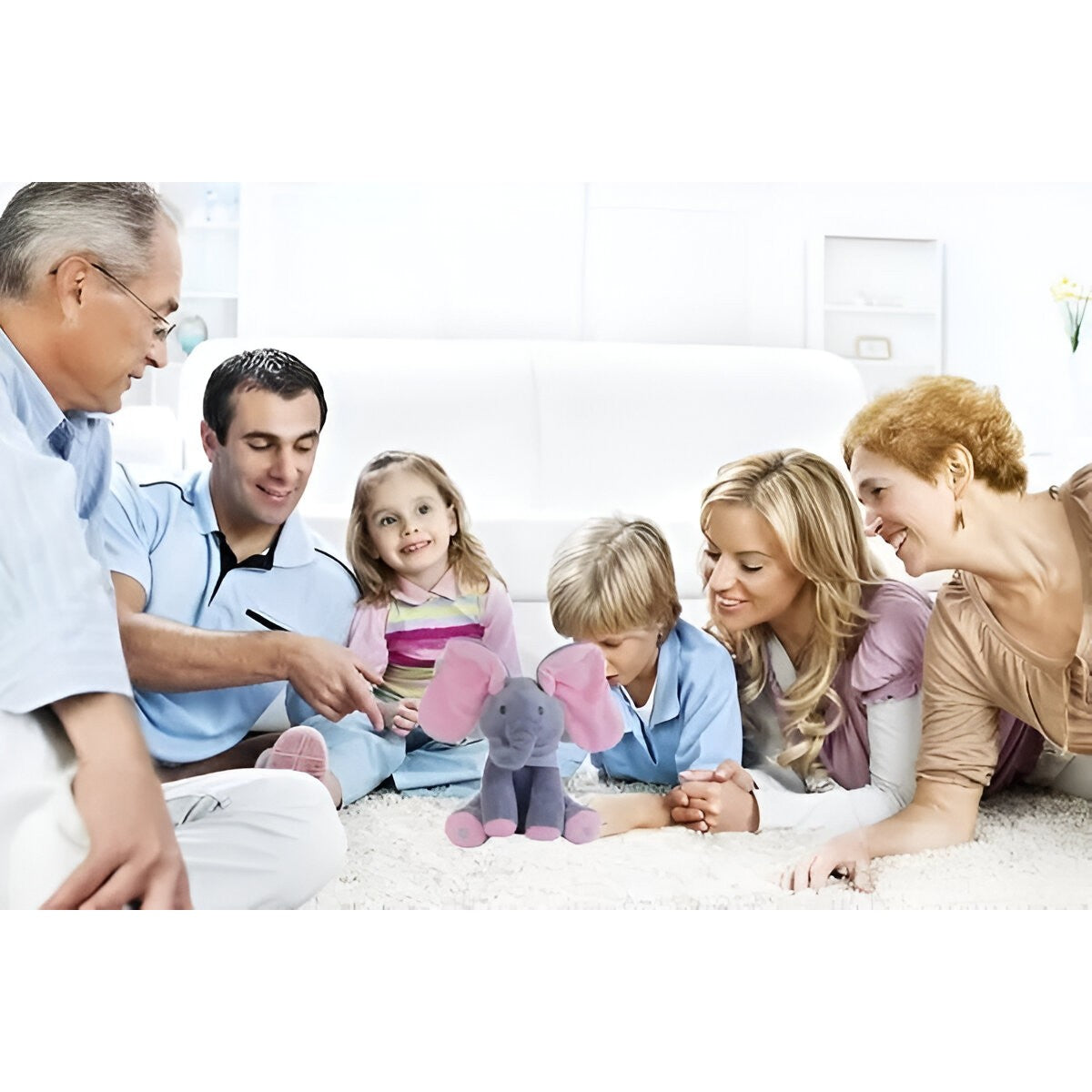 Jucarie Interactiva pentru Copii, Flippy, Elefantel Peek-a-boo, Muzica, Misca Urechile, Alimentare cu Baterii, 30 cm,