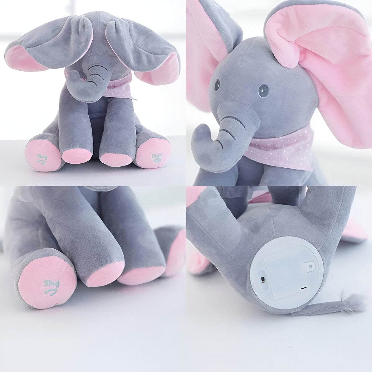 Jucarie Interactiva pentru Copii, Flippy, Elefantel Peek-a-boo, Muzica, Misca Urechile, Alimentare cu Baterii, 30 cm,
