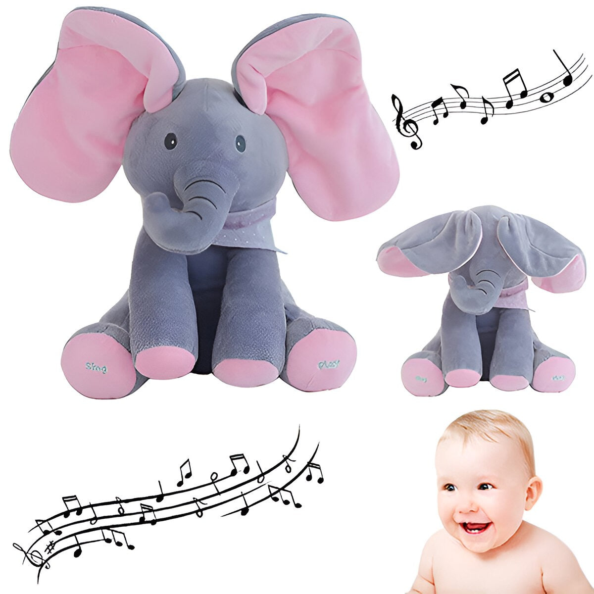 Jucarie Interactiva pentru Copii, Flippy, Elefantel Peek-a-boo, Muzica, Misca Urechile, Alimentare cu Baterii, 30 cm,