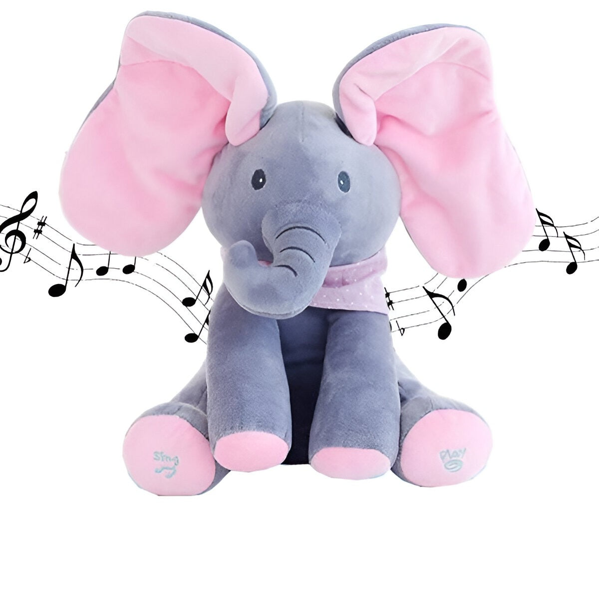 Jucarie Interactiva pentru Copii, Flippy, Elefantel Peek-a-boo, Muzica, Misca Urechile, Alimentare cu Baterii, 30 cm,