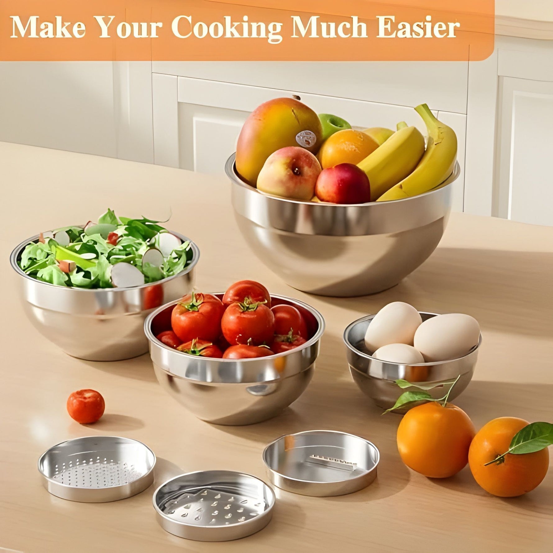 Set 6 Boluri pentru Mixare si Depozitare, Flippy, Inox Premium, Capace Ermetice, 3 Accesorii Razuire si Feliere,