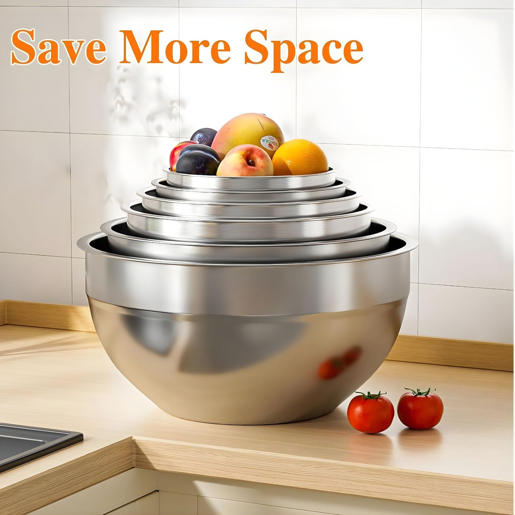 Set 6 Boluri pentru Mixare si Depozitare, Flippy, Inox Premium, Capace Ermetice, 3 Accesorii Razuire si Feliere,