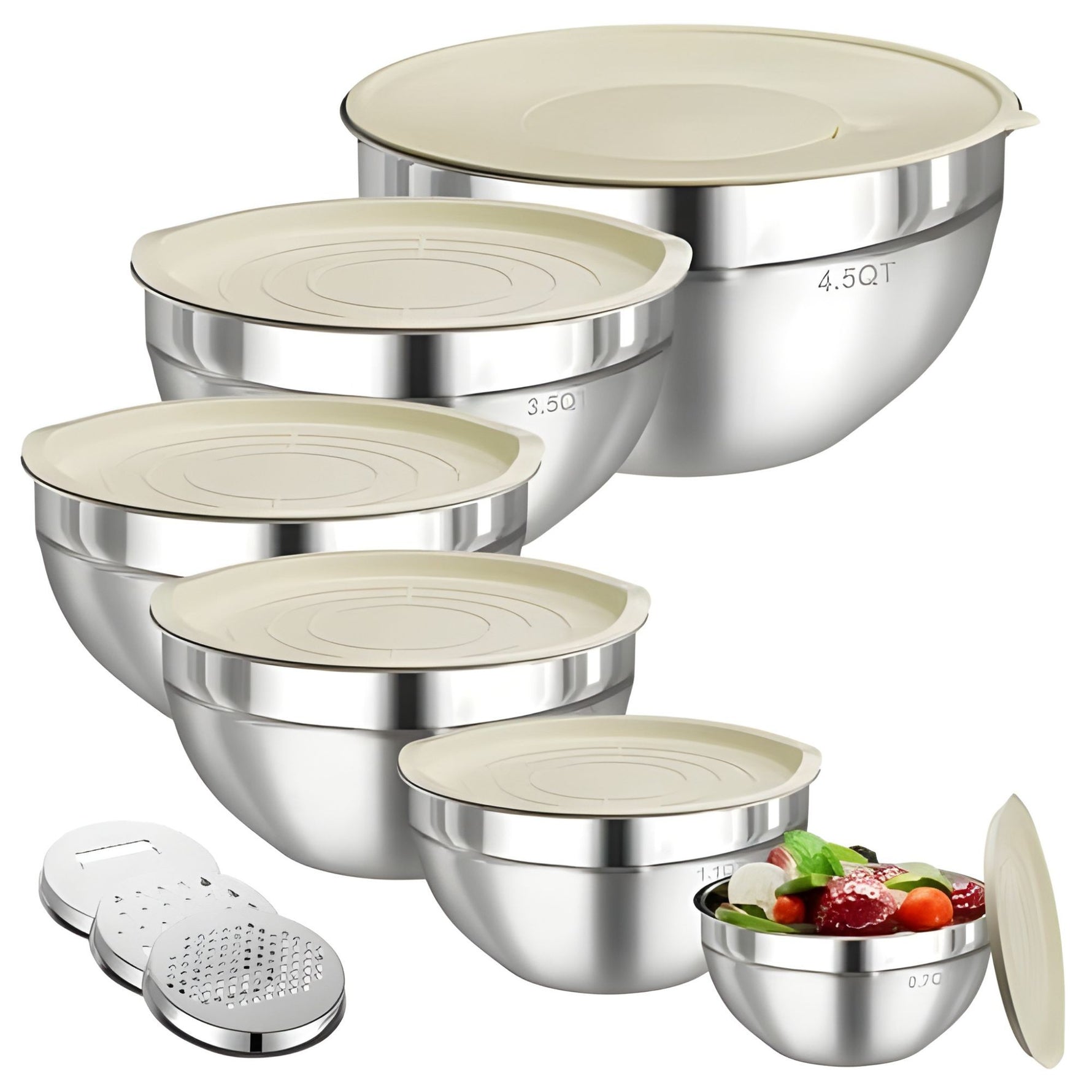 Set 6 Boluri pentru Mixare si Depozitare, Flippy, Inox Premium, Capace Ermetice, 3 Accesorii Razuire si Feliere,