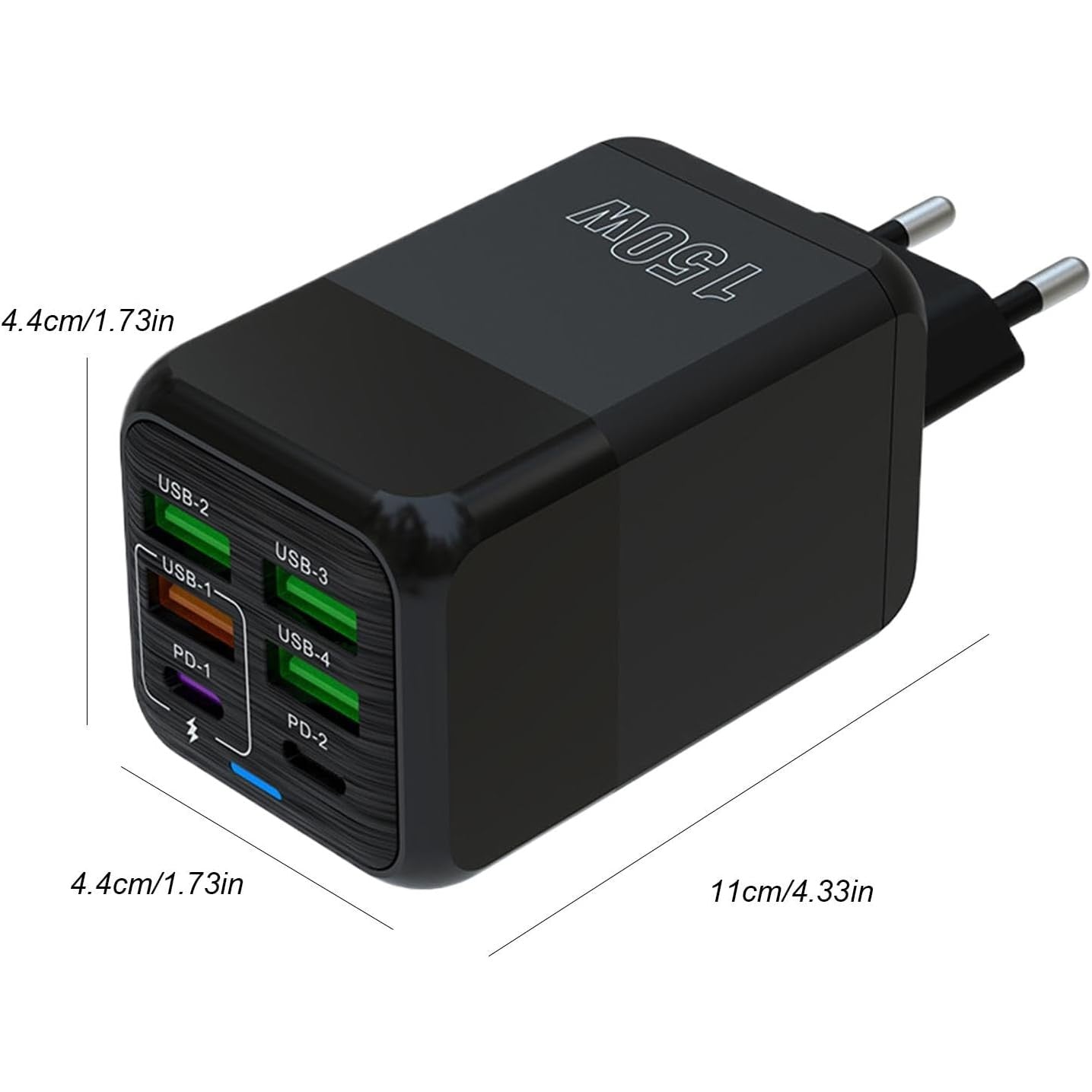Incarcator Multifunctional, Flippy®, 6 Porturi (2 x PD Type C + 4 USB), 150 W, 5V, 2.4A, Incarcare Rapida, 4.4 x 4.4 x