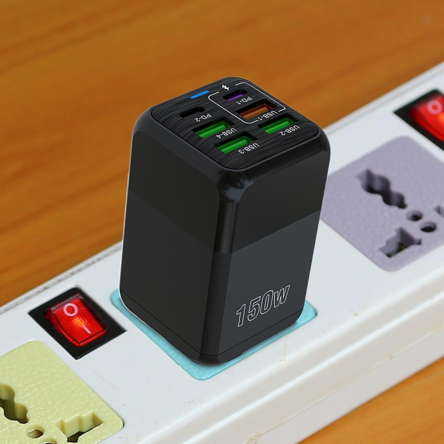 Incarcator Multifunctional, Flippy®, 6 Porturi (2 x PD Type C + 4 USB), 150 W, 5V, 2.4A, Incarcare Rapida, 4.4 x 4.4 x