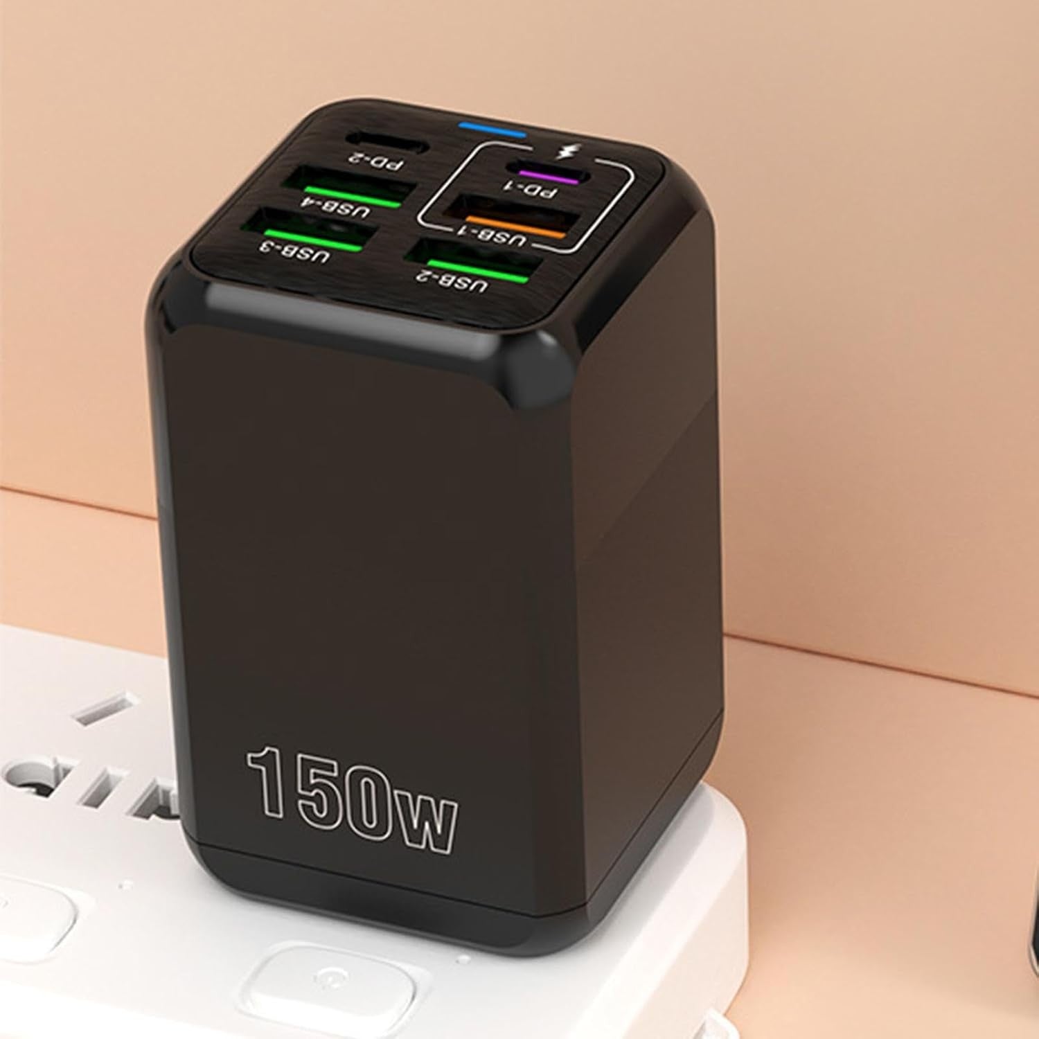 Incarcator Multifunctional, Flippy®, 6 Porturi (2 x PD Type C + 4 USB), 150 W, 5V, 2.4A, Incarcare Rapida, 4.4 x 4.4 x