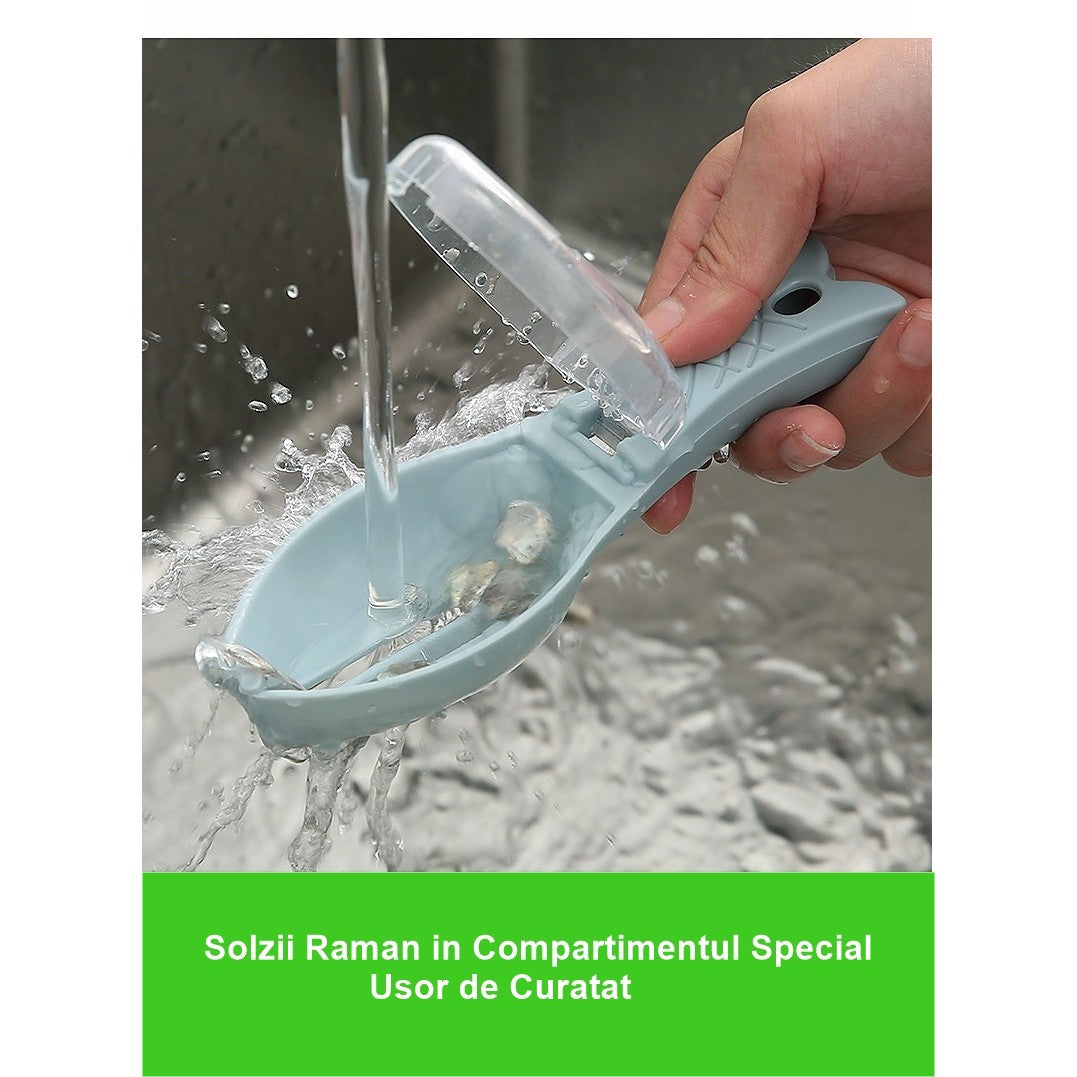 Curatator Manual Solzi de Peste, Flippy, Forma Peste , Recipient cu Capcac pentru Solzi, Plastic, Albastru deschis,