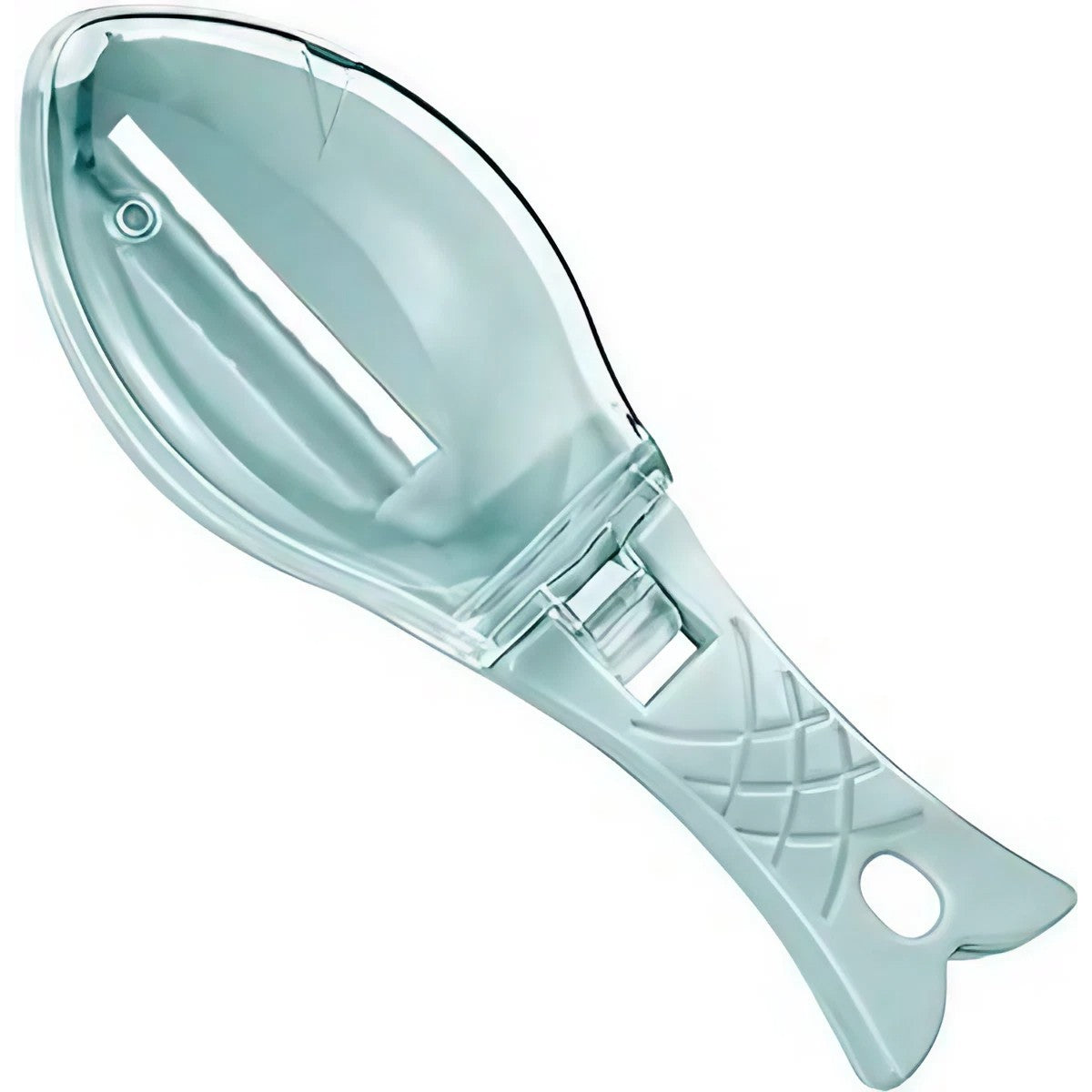 Curatator Manual Solzi de Peste, Flippy, Forma Peste , Recipient cu Capcac pentru Solzi, Plastic, Albastru deschis,