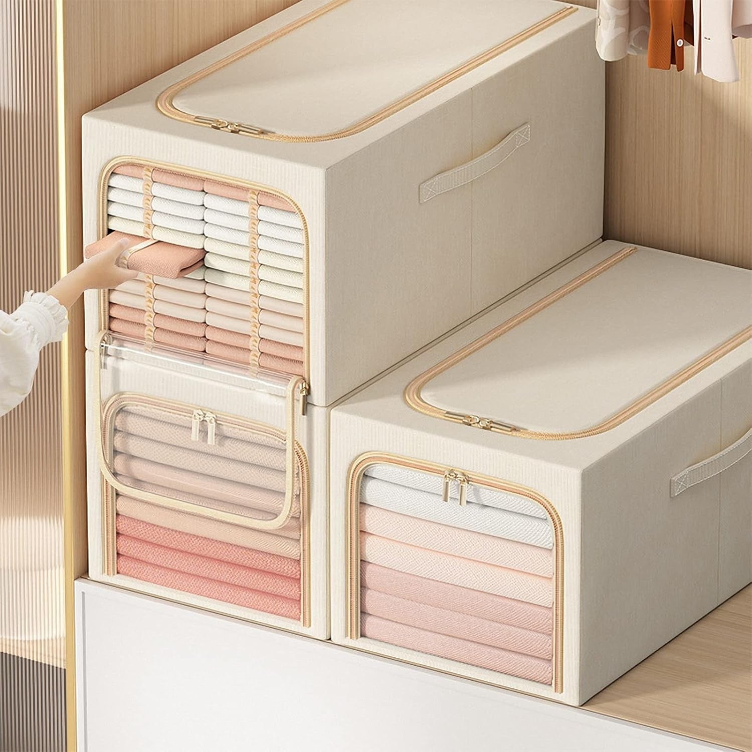 Cutie de Depozitare, Flippy, 56L, din In si Bumbac, Pliabila, Cadru din Otel, 53 x 35 x 30 cm, Kaki