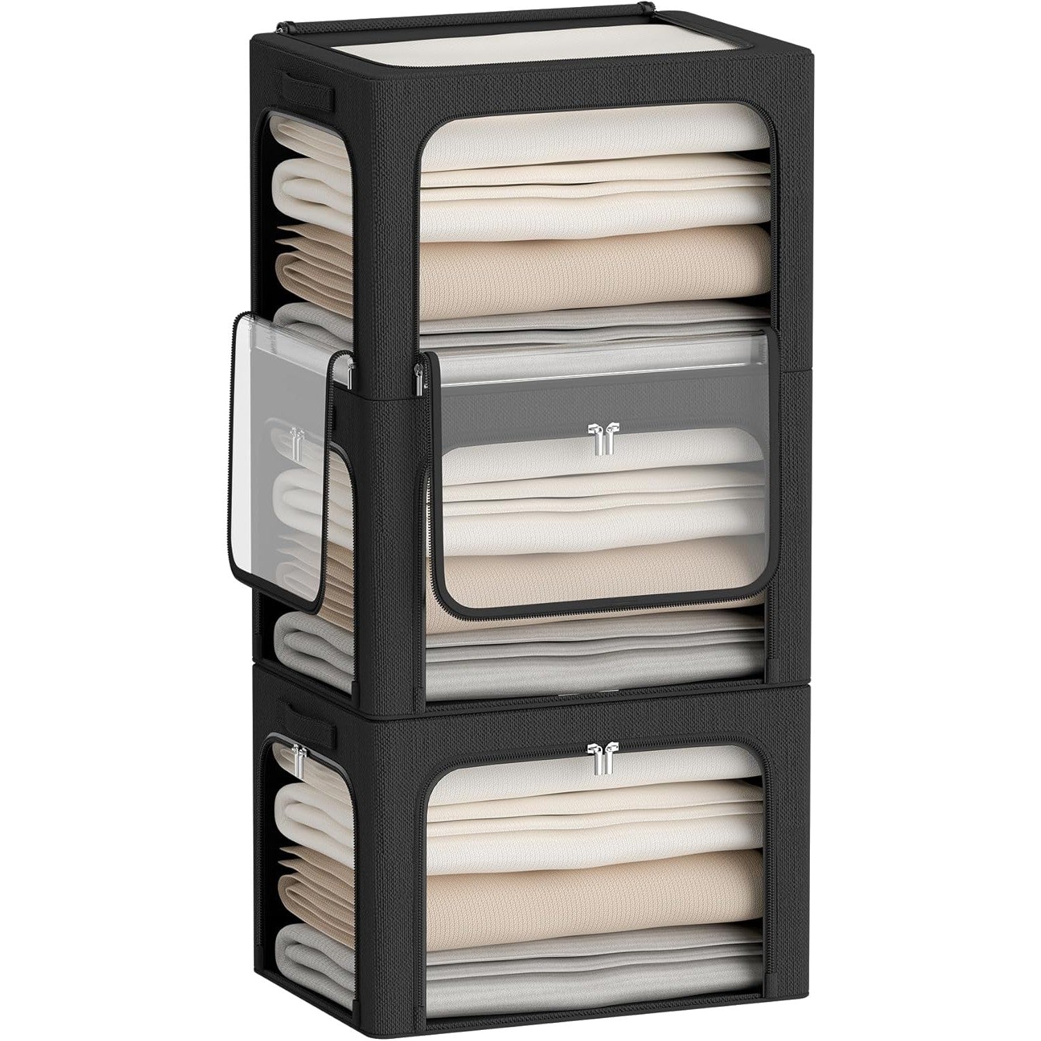 Cutie de Depozitare, Flippy, cu 3 Ferestre cu Fermoar Bidirectional, Cadru din Otel, Impermeabil, 38L, 42 x 30 x 30 cm,