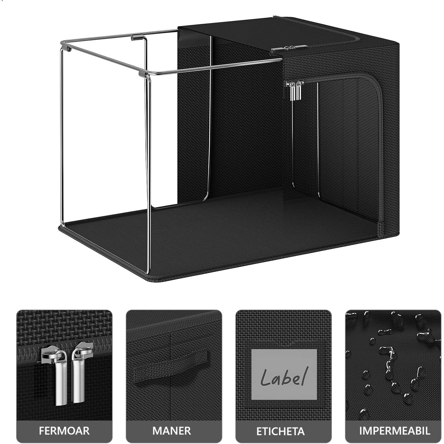 Cutie de Depozitare, Flippy, cu 3 Ferestre cu Fermoar Bidirectional, Cadru din Otel, Impermeabil, 38L, 42 x 30 x 30 cm,