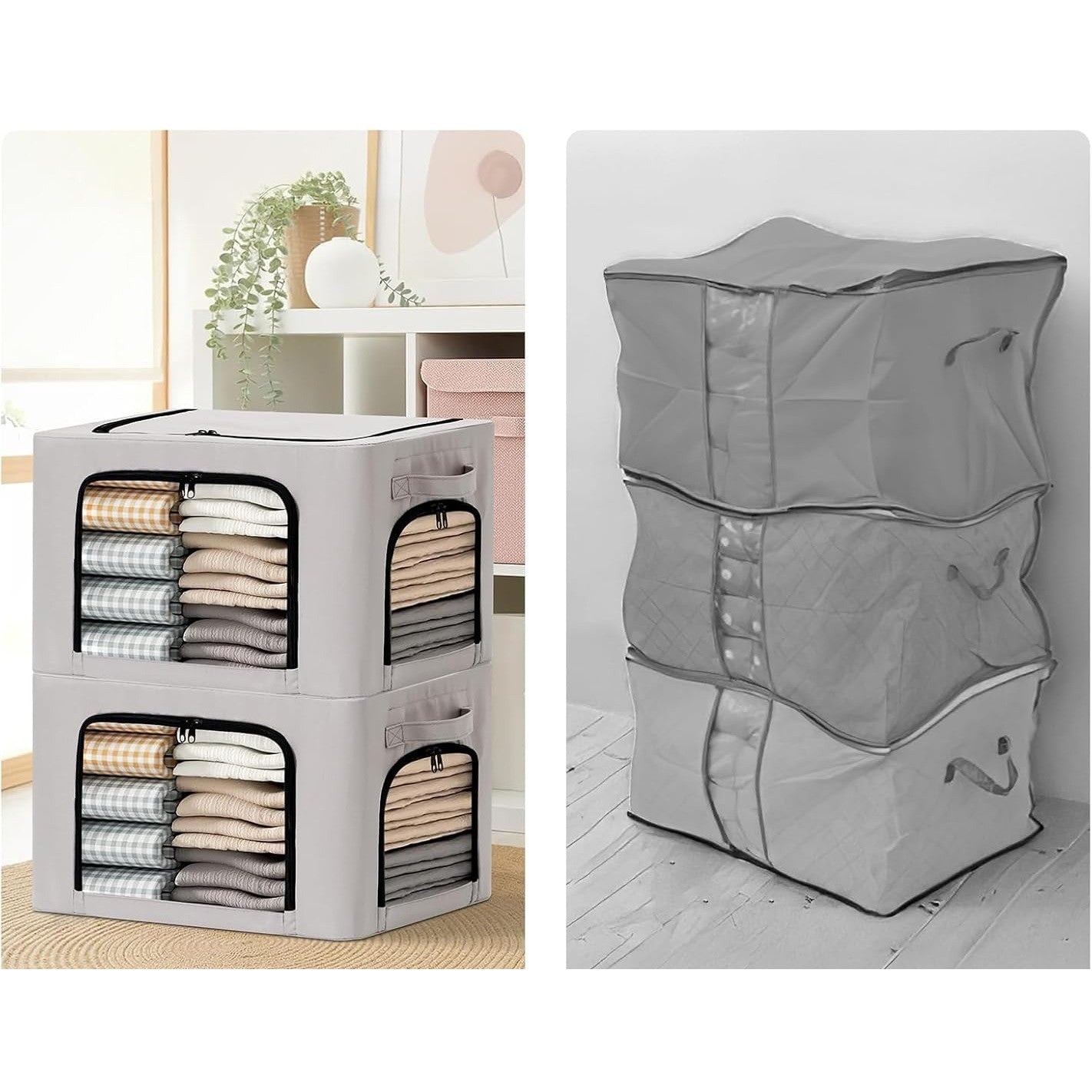 Cutie de Depozitare, Flippy, cu 3 Ferestre cu Fermoar Bidirectional, Cadru din Otel, Impermeabil, 38L, 42 x 30 x 30 cm,