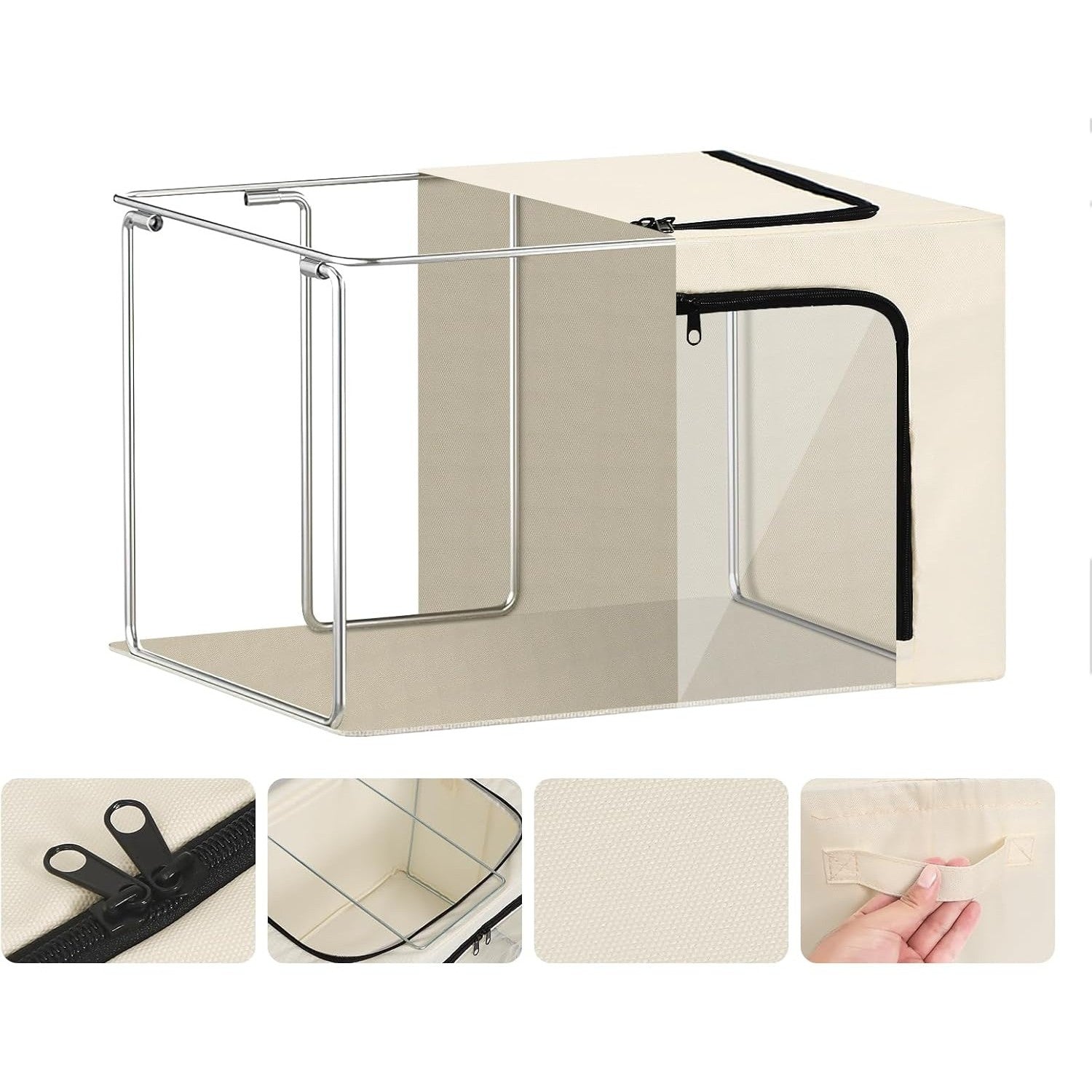 Cutie de Depozitare, Flippy, cu 3 Ferestre cu Fermoar Bidirectional, Cadru din Otel, Impermeabil, 38L, 42 x 30 x 30 cm,