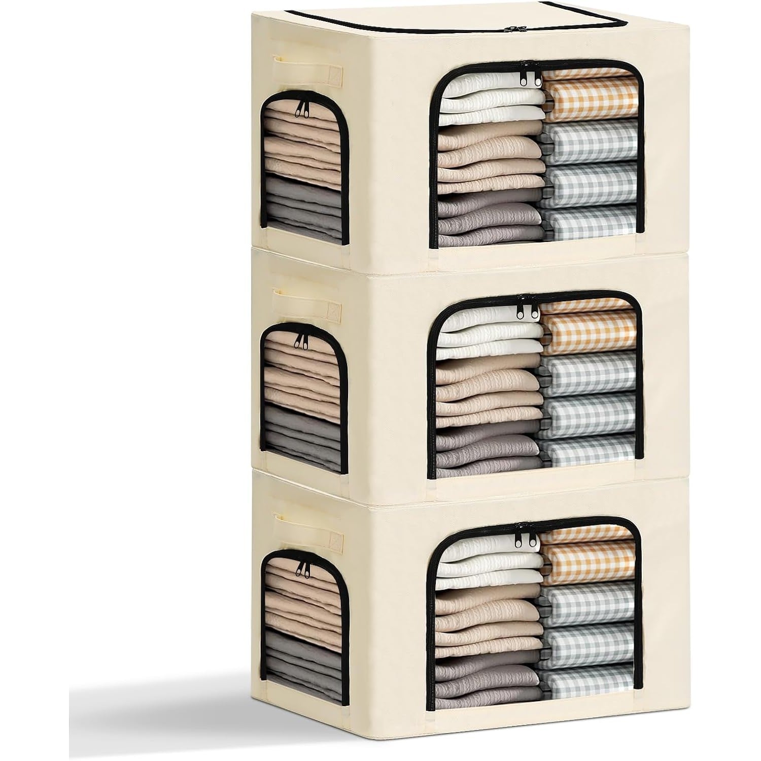 Cutie de Depozitare, Flippy, cu 3 Ferestre cu Fermoar Bidirectional, Cadru din Otel, Impermeabil, 38L, 42 x 30 x 30 cm,