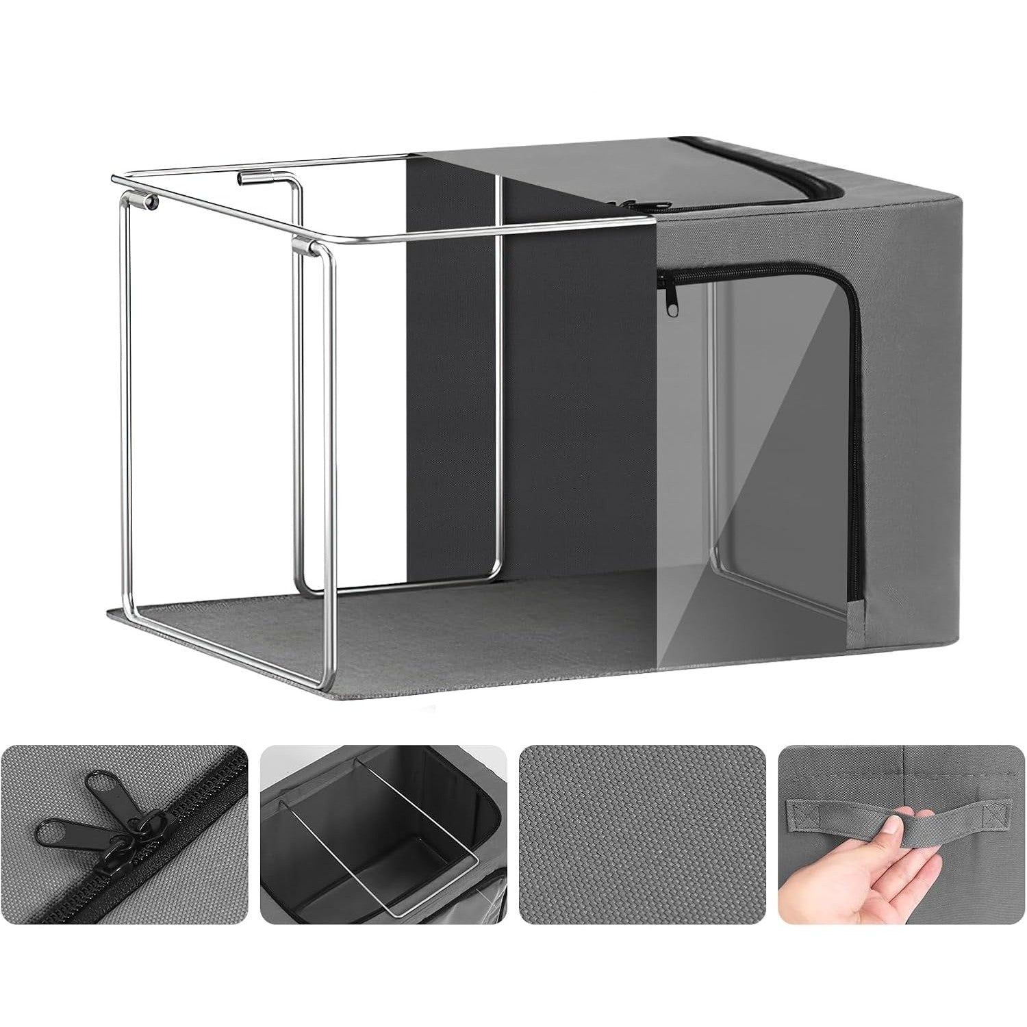 Cutie de Depozitare, Flippy, cu 3 Ferestre cu Fermoar Bidirectional, Cadru din Otel, Impermeabil, 38L, 42 x 30 x 30 cm,