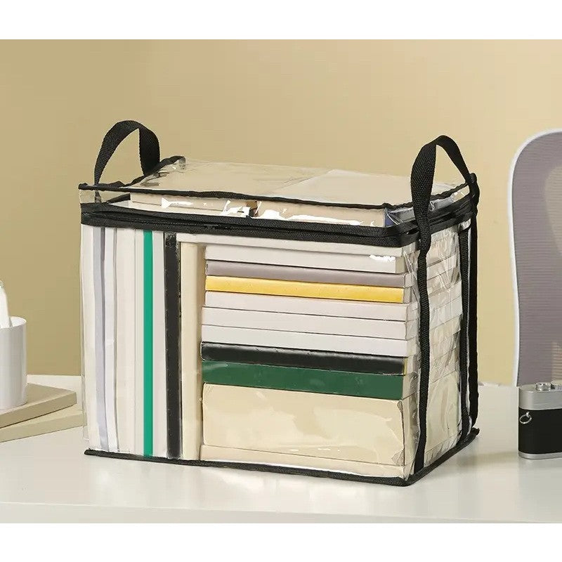 Cutie de Depozitare, Flippy, din PVC + Textil, Rezistenta la Apa, Geanta pentru Carti, 32x24x25 cm, Transparent-Negru