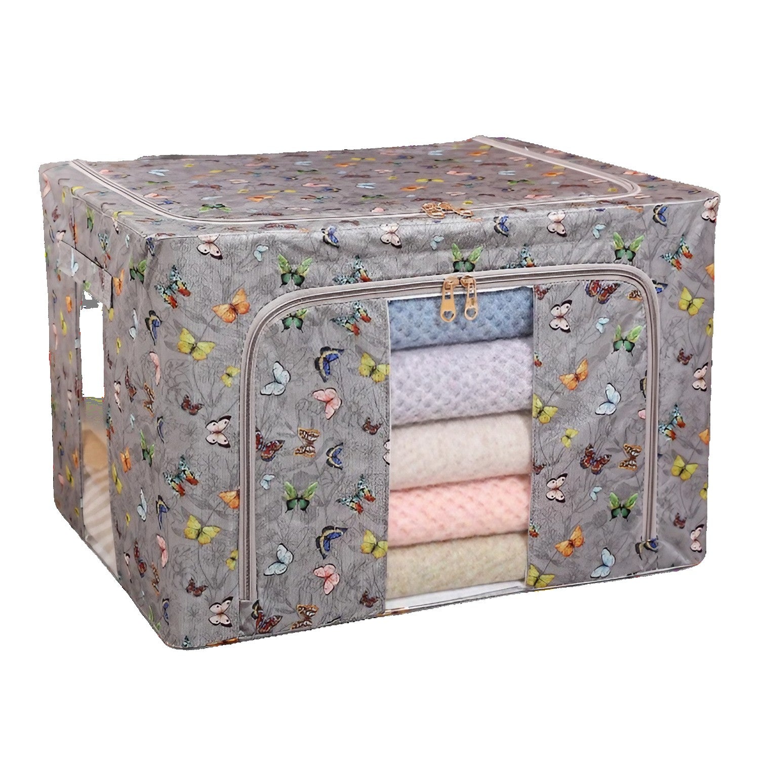 Cutie Depozitare, Flippy, 66L, din Material Textil, 50 x 40 x 33 cm, pentru Haine si Lenjerii, Model Fluturasi, Gri