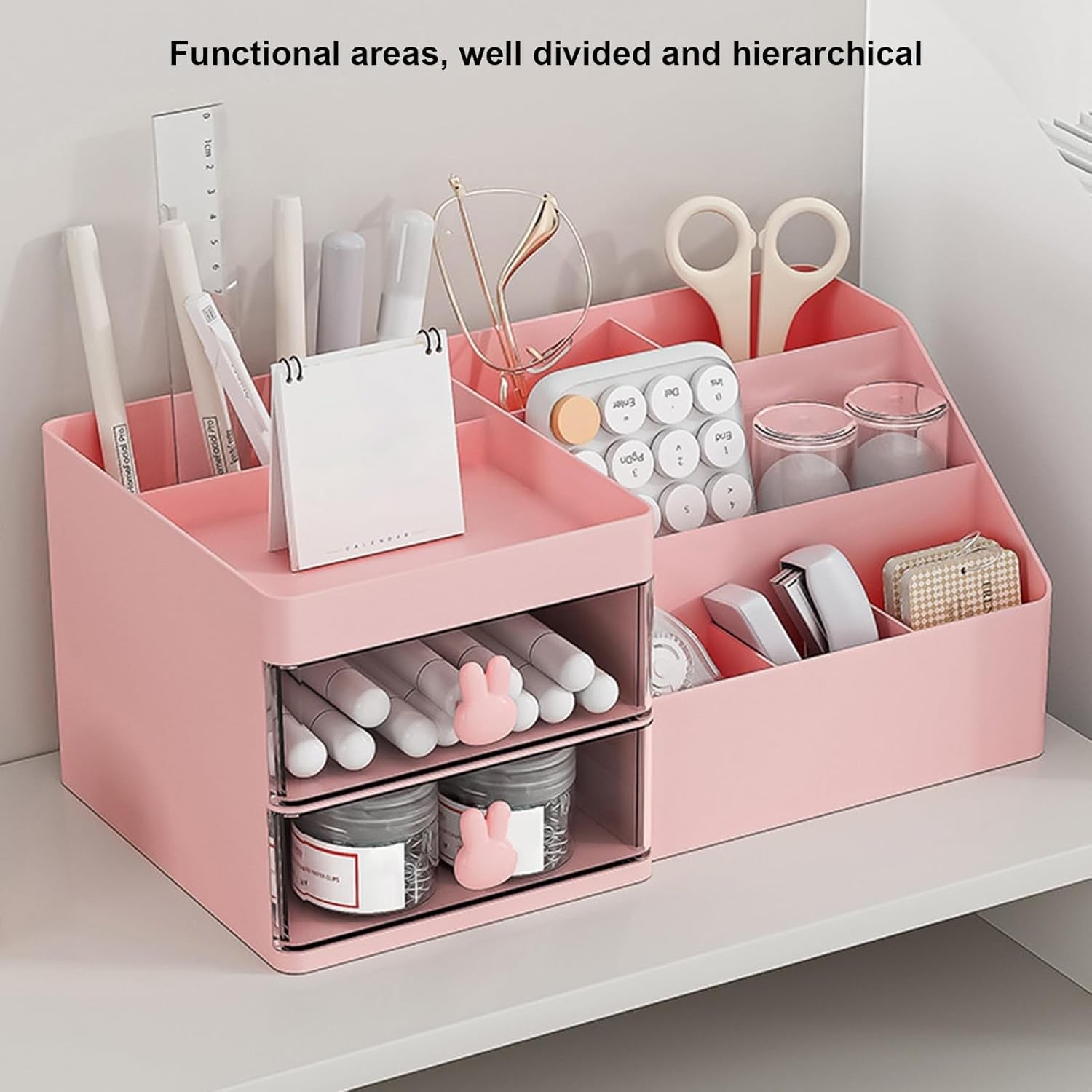 Cutie de Depozitare pentru Birou, Flippy, Pentru Makeup, Papetarie, Organizator Cosmetice, 2 Sertare si Compartimente