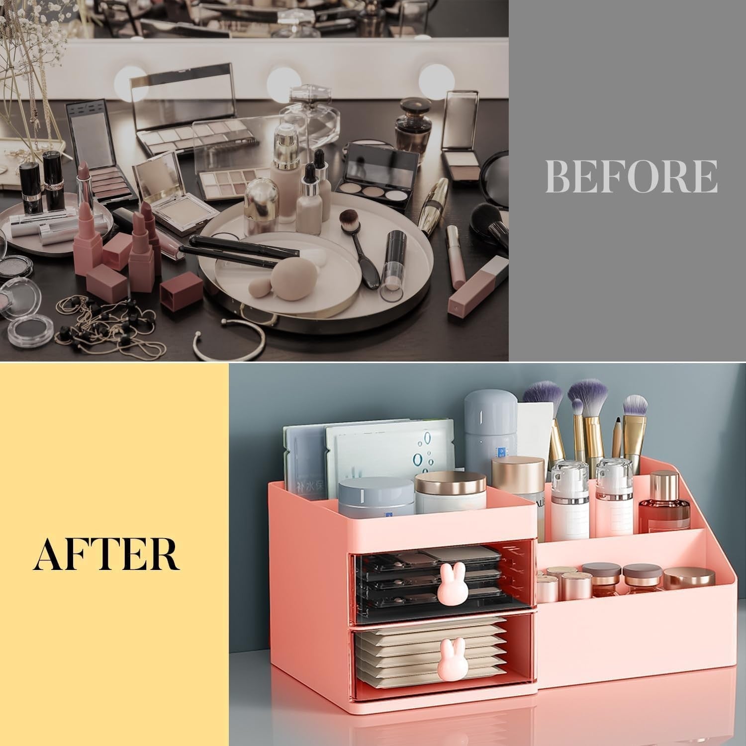 Cutie de Depozitare pentru Birou, Flippy, Pentru Makeup, Papetarie, Organizator Cosmetice, 2 Sertare si Compartimente