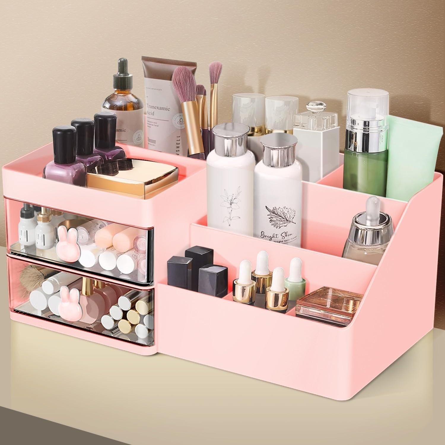 Cutie de Depozitare pentru Birou, Flippy, Pentru Makeup, Papetarie, Organizator Cosmetice, 2 Sertare si Compartimente