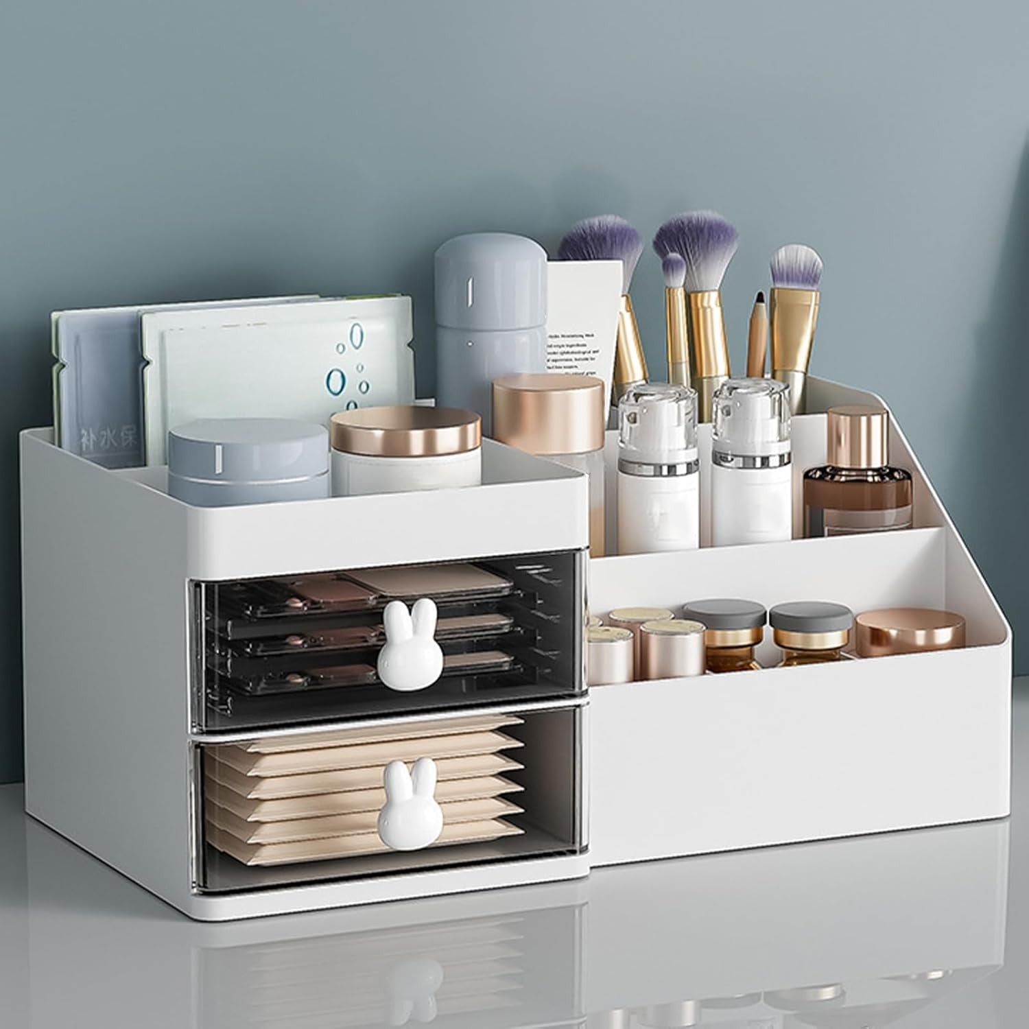 Cutie de Depozitare pentru Birou, Flippy, Pentru Makeup, Papetarie, Organizator Cosmetice, 2 Sertare si Compartimente