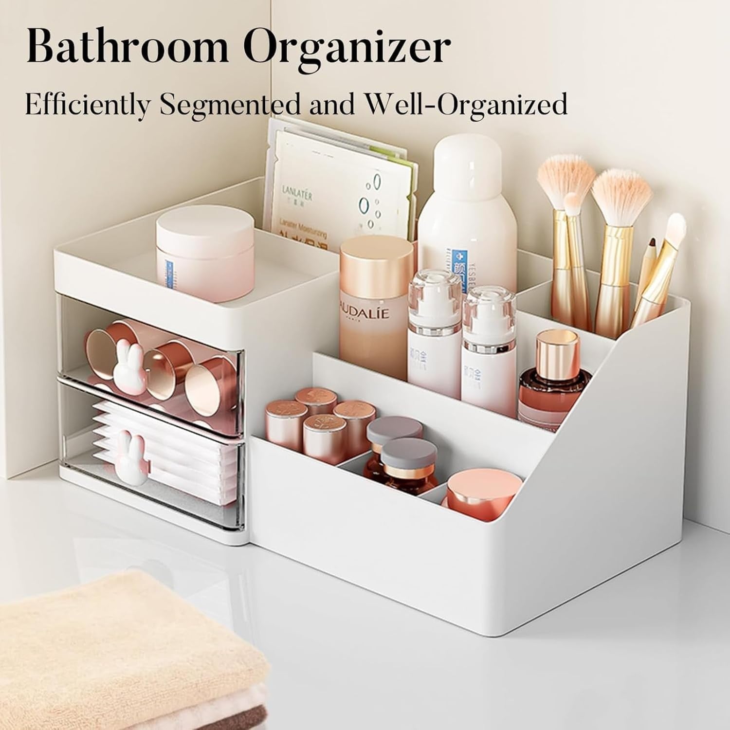 Cutie de Depozitare pentru Birou, Flippy, Pentru Makeup, Papetarie, Organizator Cosmetice, 2 Sertare si Compartimente