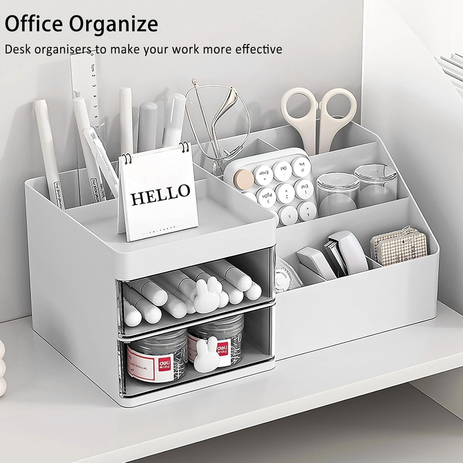 Cutie de Depozitare pentru Birou, Flippy, Pentru Makeup, Papetarie, Organizator Cosmetice, 2 Sertare si Compartimente