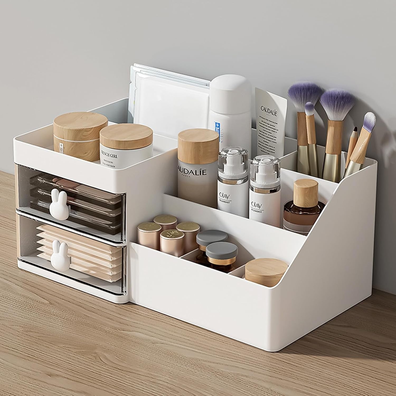 Cutie de Depozitare pentru Birou, Flippy, Pentru Makeup, Papetarie, Organizator Cosmetice, 2 Sertare si Compartimente