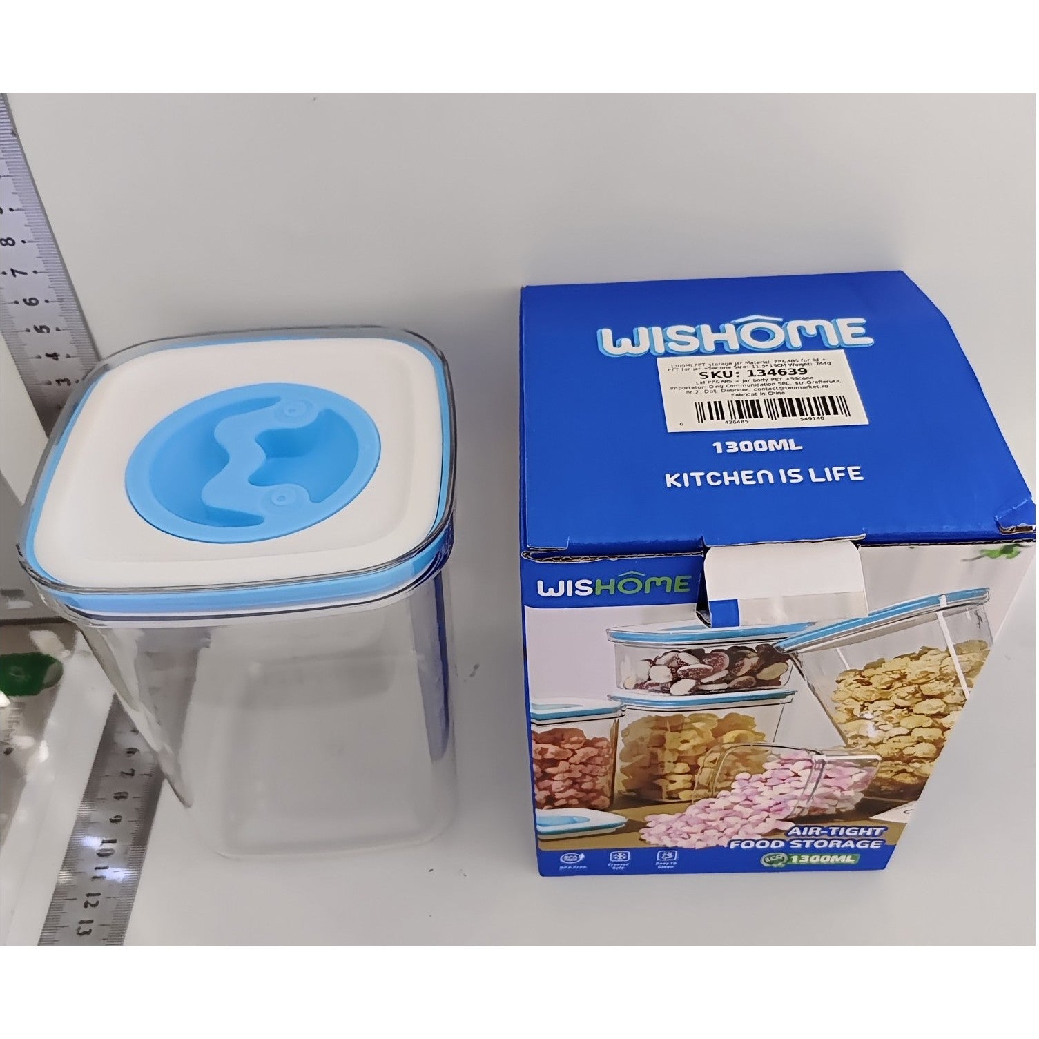 Cutie de Depozitare pentru Bucatarie, Flippy, 1.3L, din ABS+PET+Silicon, Capac Alb/Albastru, 11.5 x 15 x 8 cm,