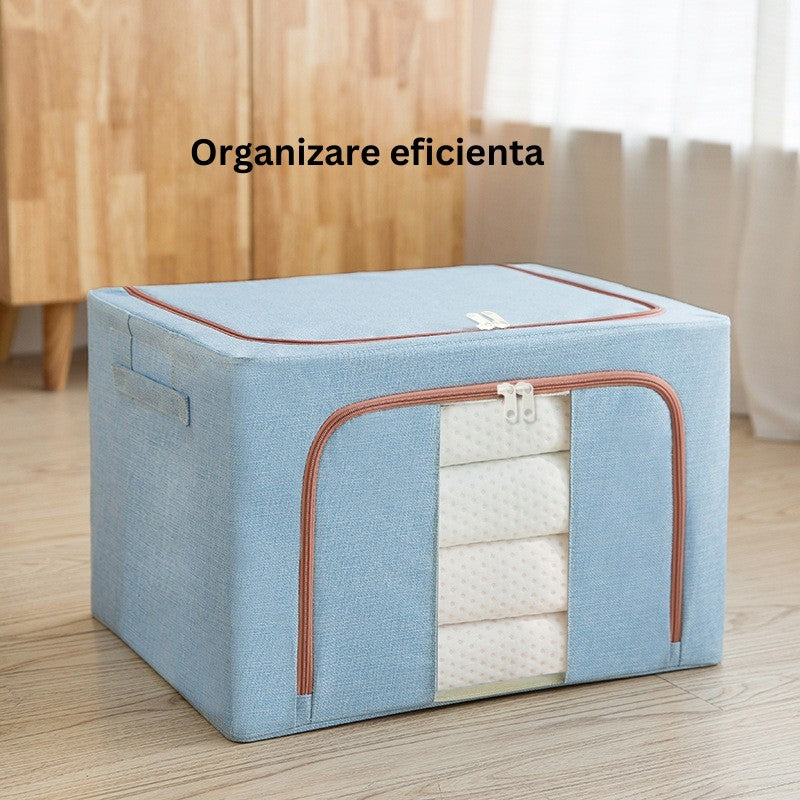 Cutie de Depozitare Pliabila, Flippy, 100 L, din Bumbac si In, 60x42x40 cm, 2 Ferestre, Frontala si Laterala, 2 Usi de