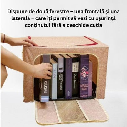 Cutie de Depozitare Pliabila, Flippy, 100 L, din Bumbac si In, 60x42x40 cm, Fereastra Frontala, 2 Usi de Acces cu