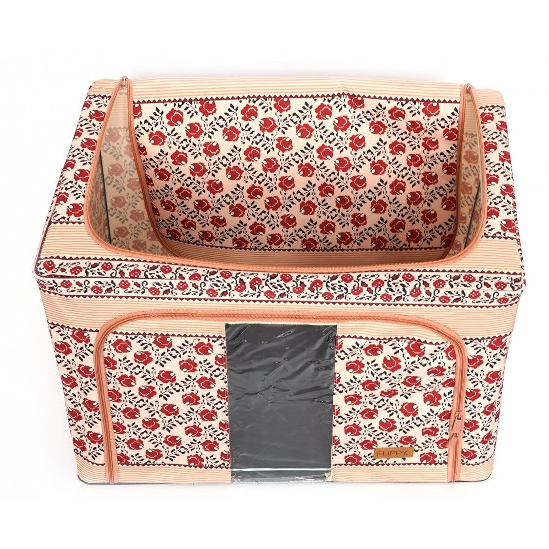 Cutie de Depozitare Pliabila, Flippy,100 L din Bumbac si In, 60X42X40 cm, Fereastra Frontala, 2 Usi de Acces cu Fermoar