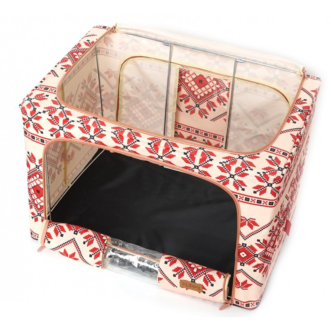 Cutie de Depozitare Pliabila, Flippy,100 L din Bumbac si In, 60X42X40 cm, Fereastra Frontala, 2 Usi de Acces cu Fermoar
