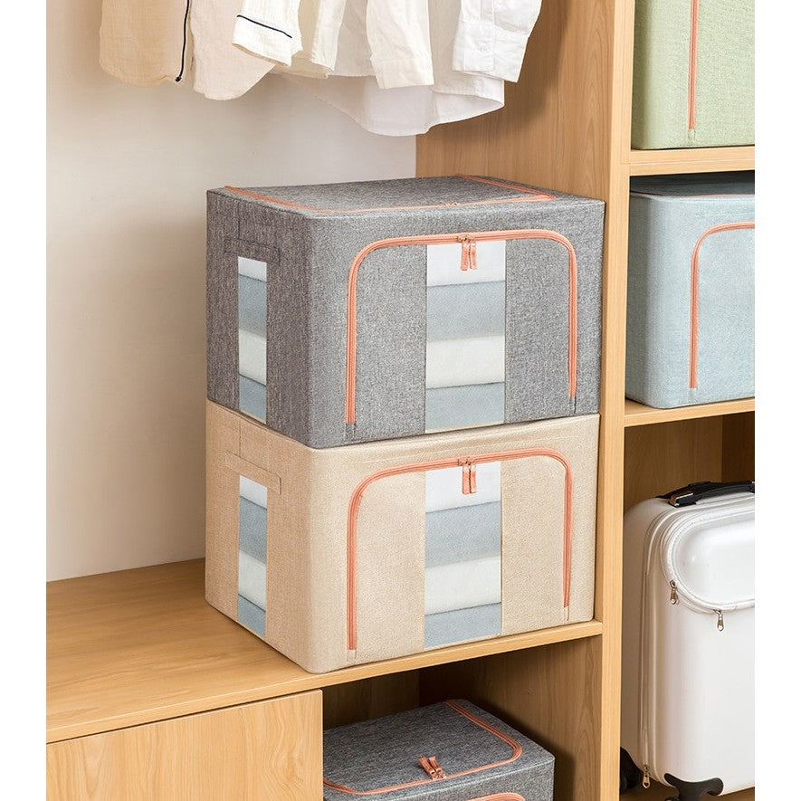 Cutie de Depozitare Pliabila, Flippy, 24 L, din Bumbac si In, 40x30x20 cm, 2 Ferestre, Frontala si Laterala, 2 Usi de