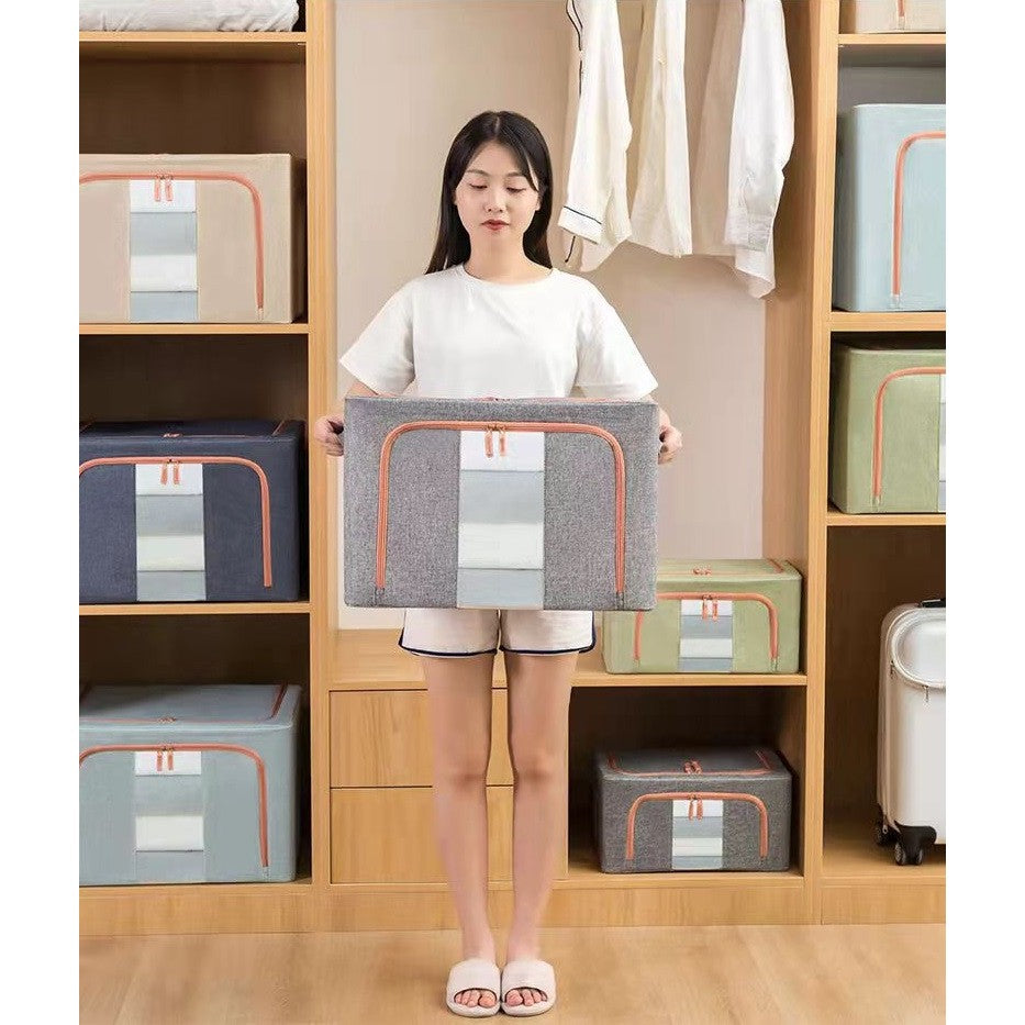 Cutie de Depozitare Pliabila, Flippy, 66 L, din Bumbac si In, 50x40x33 cm, Fereastra Frontala, 2 Usi de Acces cu