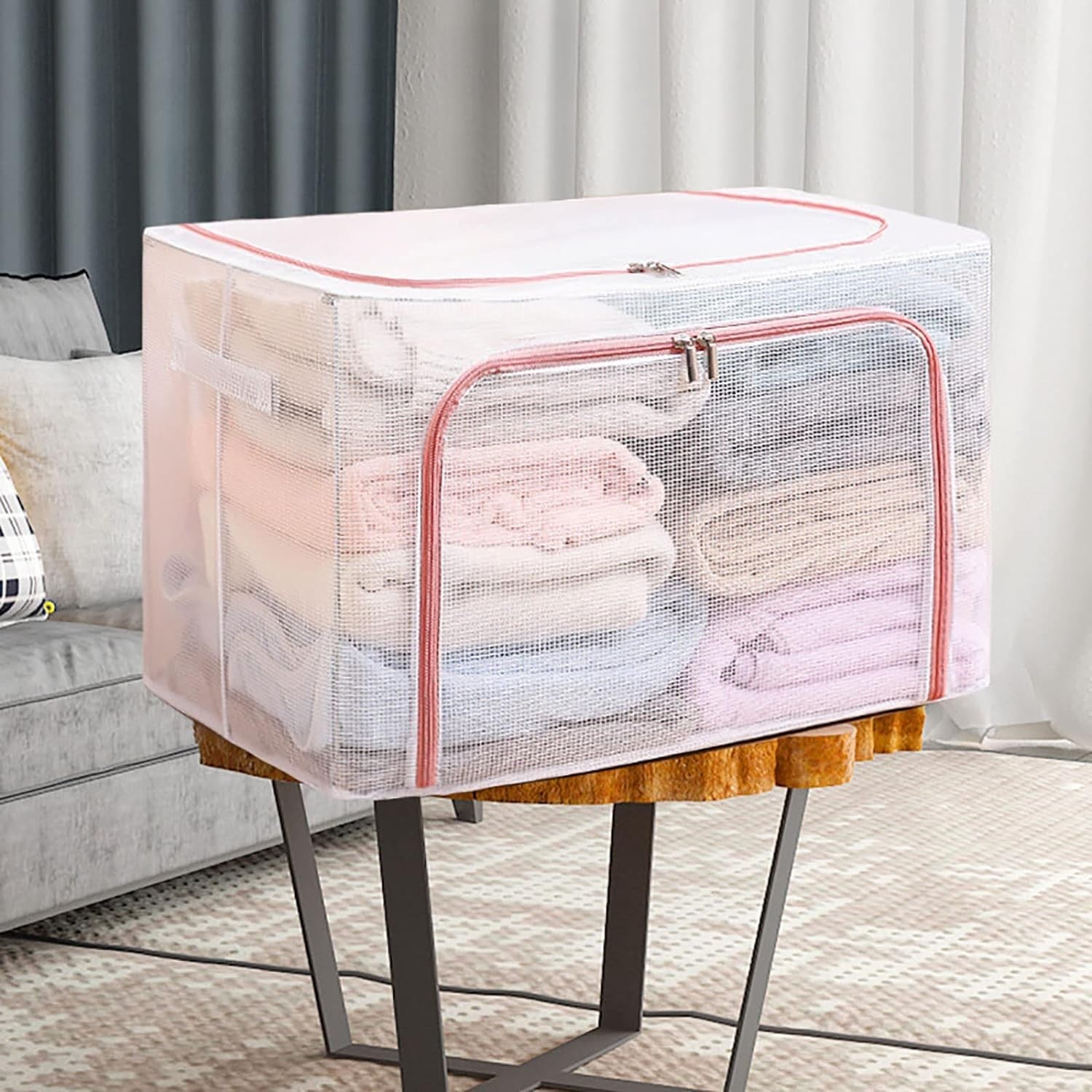 Cutie de Depozitare Pliabila, Flippy, Cu Fereastra si Fermoar Dublu Rosu, 66 L, Textil, 50x40x33 cm, Cadru Metalic,