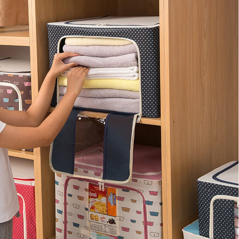 Cutie de Depozitare Pliabila, Flippy, Cu Fermoar, 100 L, Textil, 60x42x40 cm, Albastru Marin, Cadru Metalic, Suport