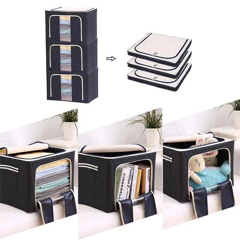 Cutie de Depozitare Pliabila, Flippy, Cu Fermoar, 100 L, Textil, 60x42x40 cm, Albastru Marin, Cadru Metalic, Suport