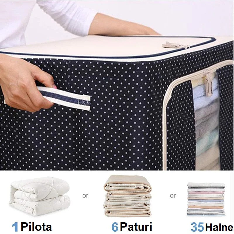 Cutie de Depozitare Pliabila, Flippy, Cu Fermoar, 100 L, Textil, 60x42x40 cm, Albastru Marin, Cadru Metalic, Suport