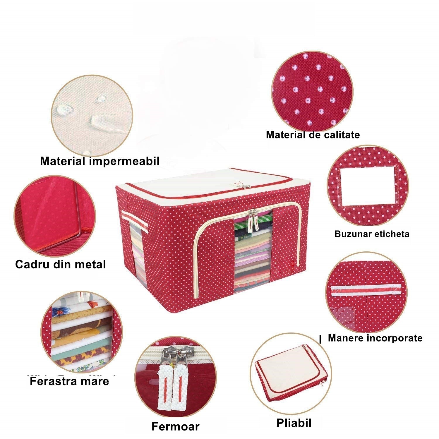 Cutie de Depozitare Pliabila, Flippy, cu Fermoar, 100 L, Textil, 60x42x40 cm, O Fereastra, Cadru Metalic, Suport Baza