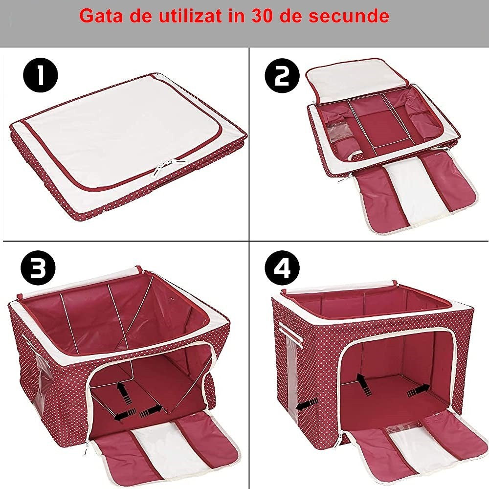Cutie de Depozitare Pliabila, Flippy, cu Fermoar, 100 L, Textil, 60x42x40 cm, O Fereastra, Cadru Metalic, Suport Baza