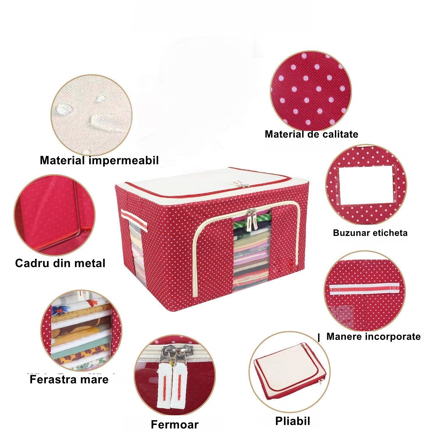 Cutie de Depozitare Pliabila, Flippy, cu Fermoar, 100 L, Textil, 60x42x40 cm, O Fereastra, Cadru Metalic, Suport Baza