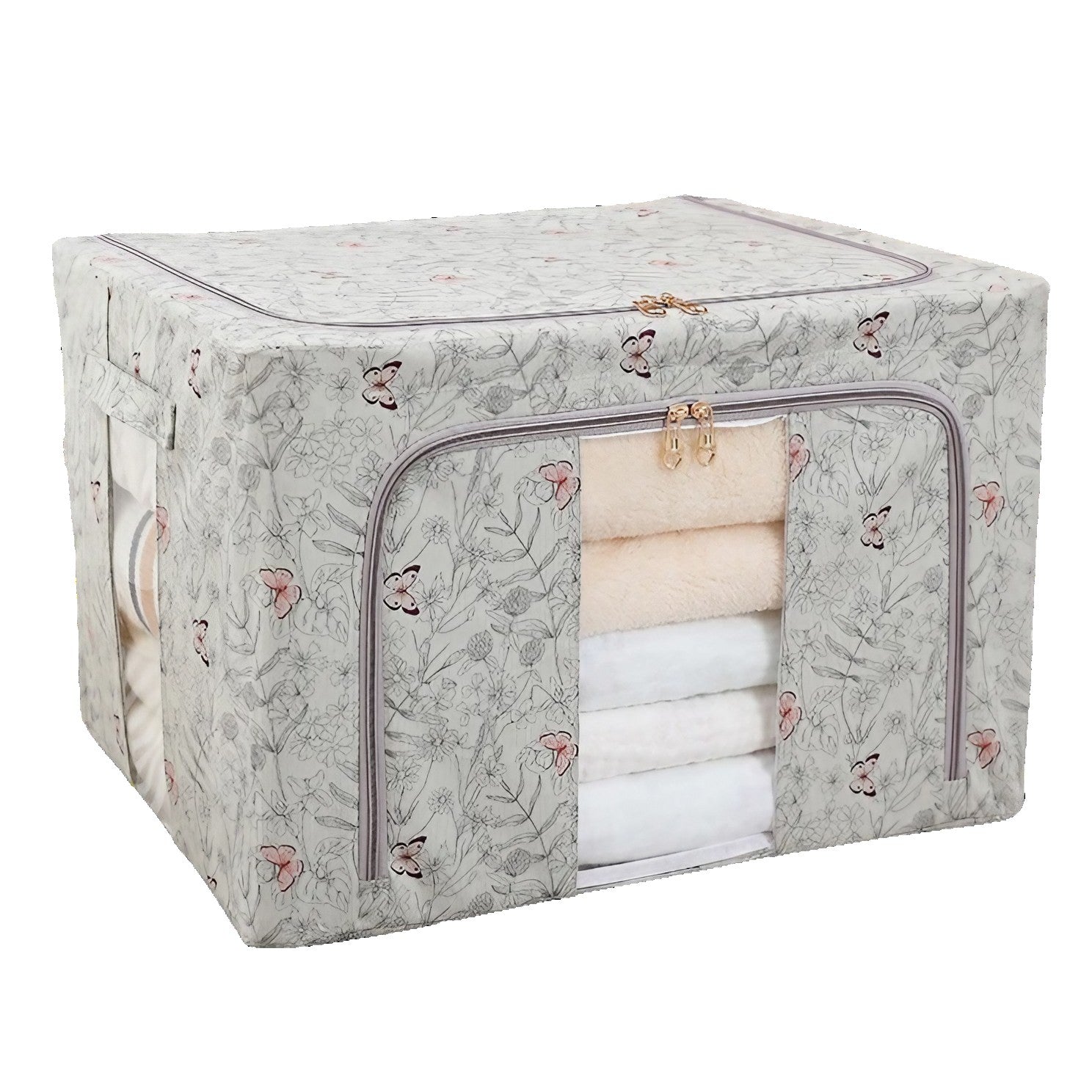 Cutie Depozitare, Flippy, 66L, din Material Textil, 50 x 40 x 33 cm, pentru Haine si Lenjerii, Model Fluturasi, Gri