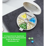 Cutie Depozitare Medicamente, Flippy, 6 Compartimente, Inchidere Etans, Portabila, Rotund, Alb/Gri, PP, 8.4x2.9x8.5 cm