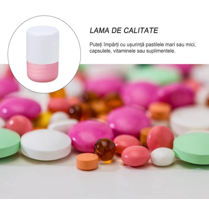 Cutie Pastile Multifunctionala, Flippy, 4 in 1, Pahar Apa, Taiere, Sfaramare, Depozitare, Compact, ABS cu Lama din